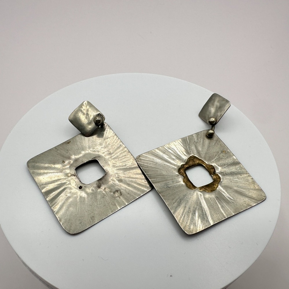 Vintage 80s Hammered Silver Tone Abstract Square Dangle Earrings Brutalist Boho
